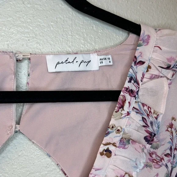 Petal & Pup Fairycore V-Neck Floral Mini Dress Size 6 Open Back Ruffle Cutouts - Picture 2 of 8